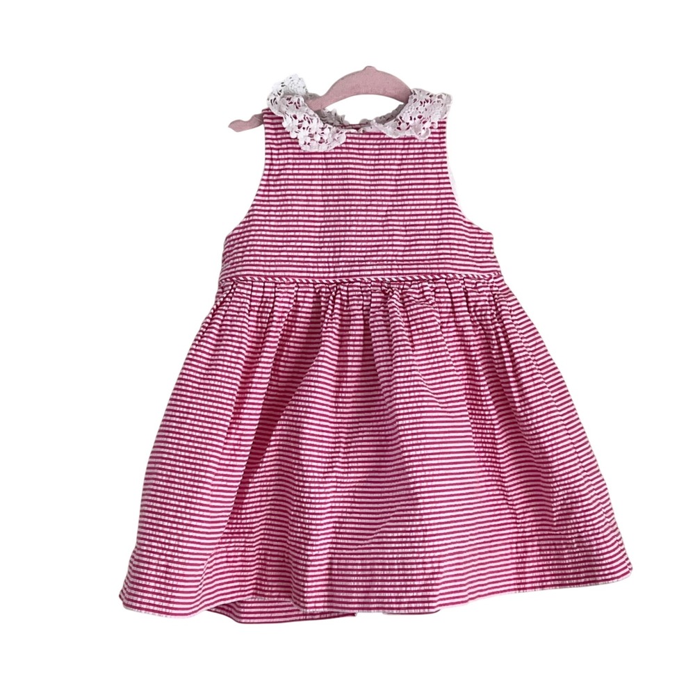 Ralph Lauren Seersucker Dress 9M Girl Striped Lace Collar Pink Preppy Coastal